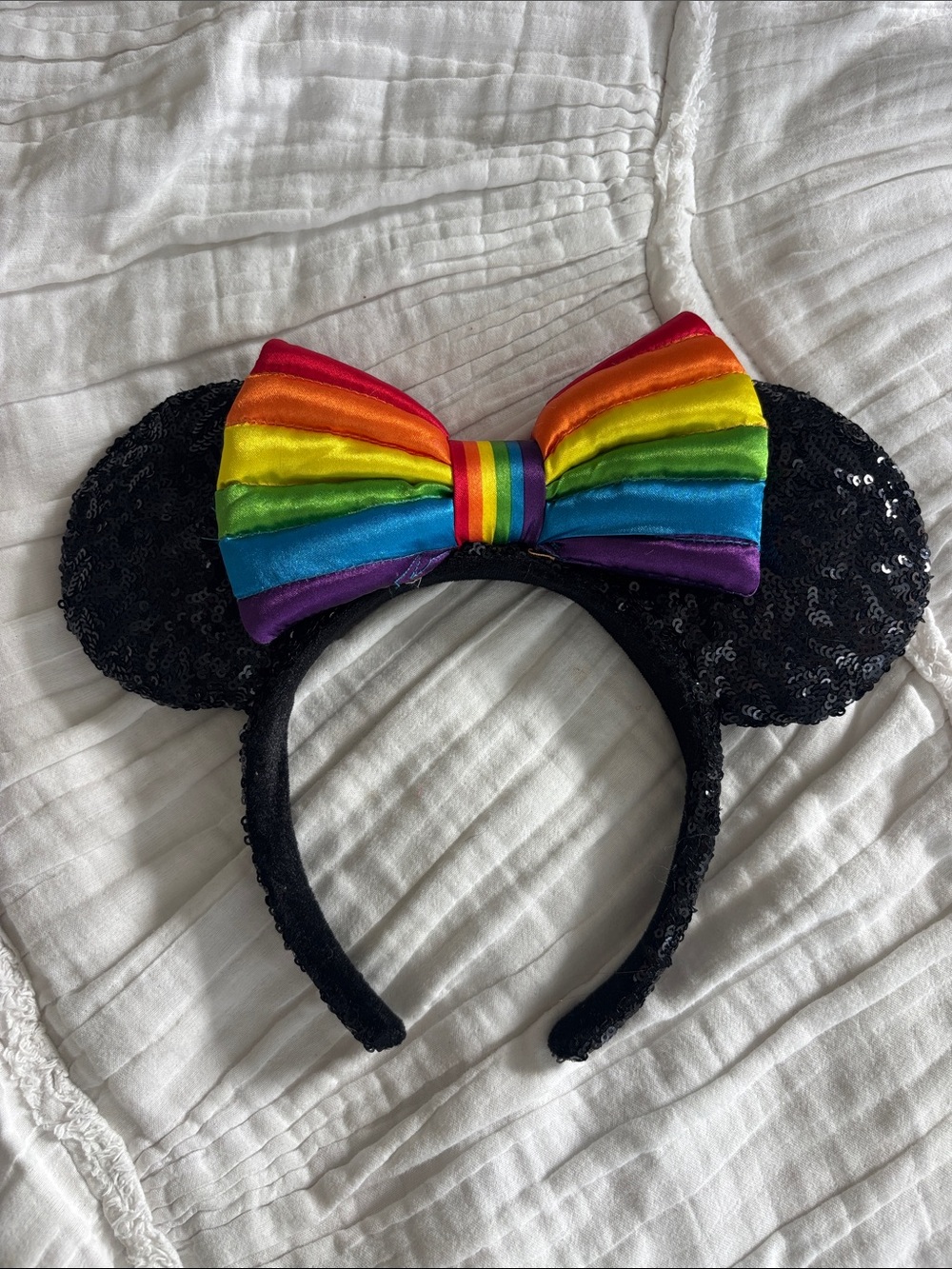 Black Sequin Minnie Ears Headband with Rainbow Bow